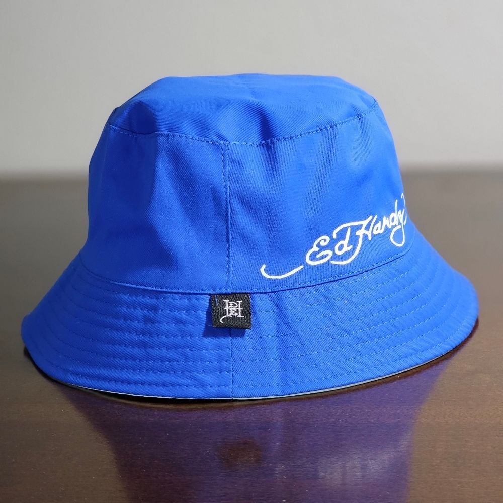Ed Hardy By Christian Audigier Fish Tattoo Bucket Hat Reversible White Blue New - Picture 2 of 9